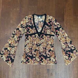 Vintage 90s Eye Candy Black Burgundy Paisley V-Neck Bell Sleeve Top, Size Small